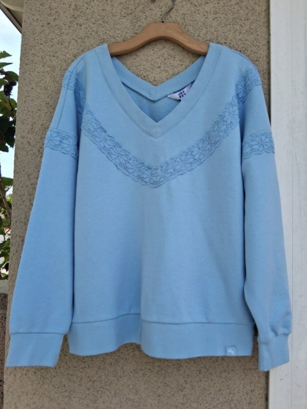 JoyLab Women Crochet Lace Trim V-Neck Sweatshirt Medium